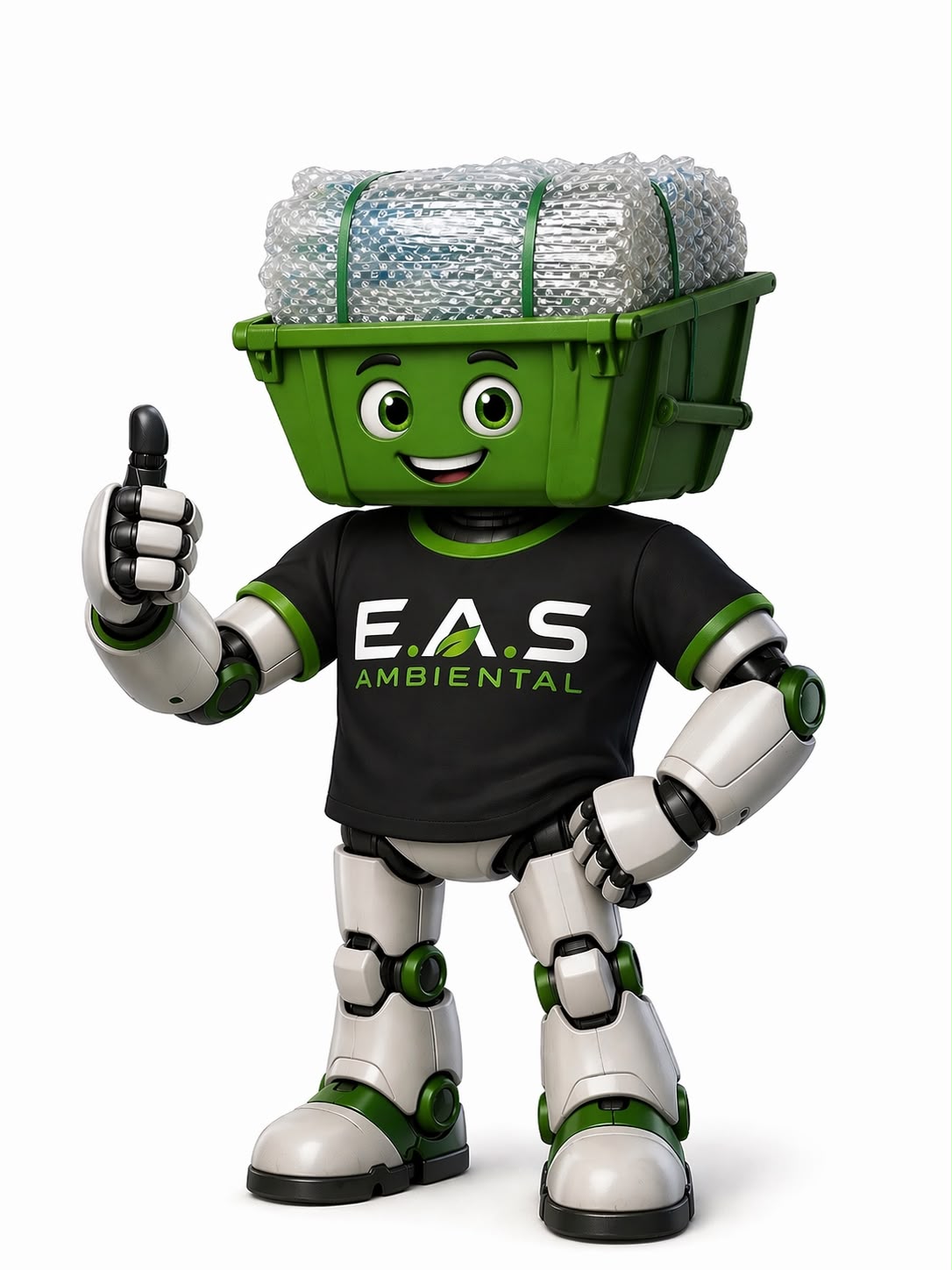 Mascote da EAS Ambiental, uma caçamba de materiais recicláveis